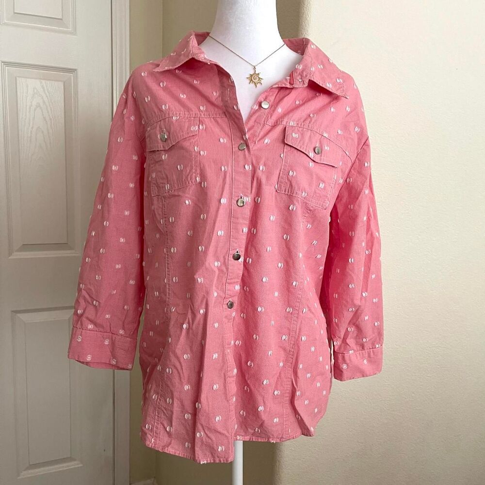 Christopher & Banks 100% cotton pink button-up shirt with white polka dots